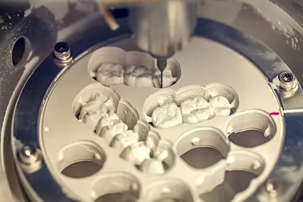 Close-up of a milling machine creating same-day crowns from ceramic blocks in a dental lab.