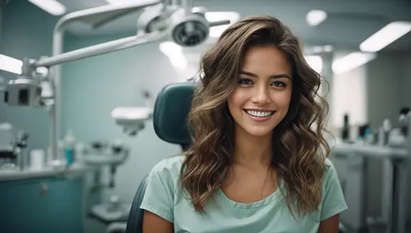 Smiling woman sitting in a modern dental office, showcasing satisfaction with cosmetic dentistry results.